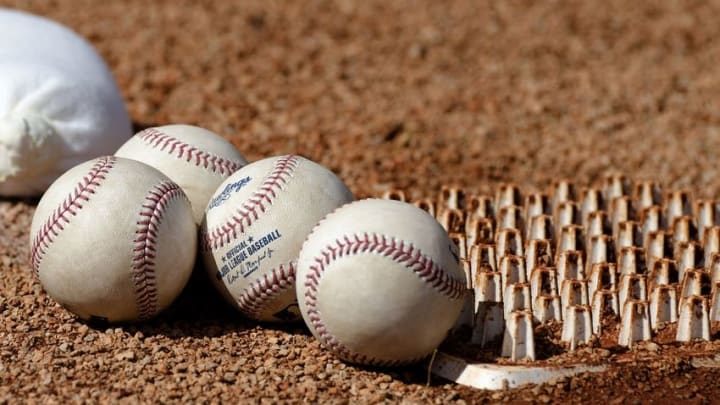 Feb 19, 2016; Kissimmee, FL, USA; A stack of baseballs sit on the pitching mound at Osceola County Stadium. Mandatory Credit: Jonathan Dyer-USA TODAY Sports
