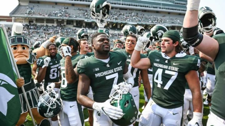 Michigan State celebrates their victory over Youngstown State after the game on Saturday, Sept. 11, 2021, at Spartan Stadium in East Lansing.210911 Msu Youngstown Fb 323a