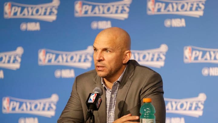 MILWAUKEE, WI - APRIL 22: Head Coach Jason Kidd of the Milwaukee Bucks speaks during the post-game press conference after the game against the Toronto Raptors during Game Four of the Eastern Conference Quarterfinals of the 2017 NBA Playoffs on April 22, 2017 at BMO Harris Bradley Center in Milwaukee, Wisconsin. NOTE TO USER: User expressly acknowledges and agrees that, by downloading and/or using this Photograph, user is consenting to the terms and conditions of the Getty Images License Agreement. Mandatory Copyright Notice: Copyright 2017 NBAE (Photo by Jeffery Phelps/NBAE via Getty Images)