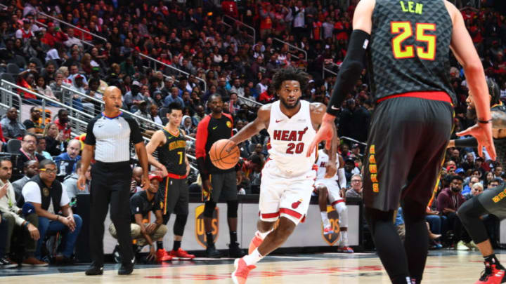 ATLANTA, GA - NOVEMBER 3: Justise Winslow #20 of the Miami Heat drives to the basket against the Atlanta Hawks on November 3, 2018 at Philips Arena in Atlanta, Georgia. NOTE TO USER: User expressly acknowledges and agrees that, by downloading and/or using this Photograph, user is consenting to the terms and conditions of the Getty Images License Agreement. Mandatory Copyright Notice: Copyright 2018 NBAE (Photo by Scott Cunningham/NBAE via Getty Images)