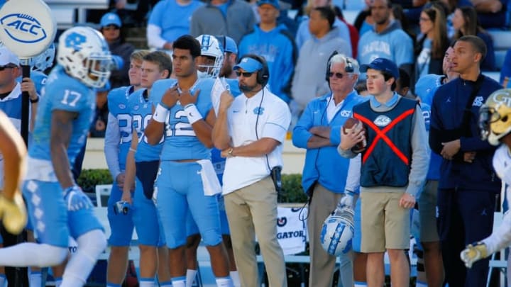 Nov 5, 2016; Chapel Hill, NC, USA; North Carolina Tar Heels head coach Larry Fedora looks on from the side lines against the Georgia Tech Yellow Jackets at Kenan Memorial Stadium. The North Carolina Tar Heels defeated the Georgia Tech Yellow Jackets 48-20. Mandatory Credit: James Guillory-USA TODAY Sports