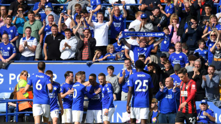 LEICESTER, ENGLAND - AUGUST 31: Youri Tielemans of Leicester City celebrates with teammates after scoring his team's second goal during the Premier League match between Leicester City and AFC Bournemouth at The King Power Stadium on August 31, 2019 in Leicester, United Kingdom. (Photo by Ross Kinnaird/Getty Images)
