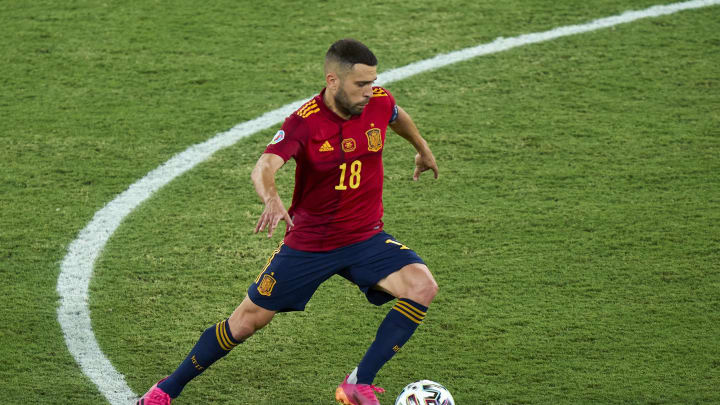SEVILLE, SPAIN – JUNE 19: Jordi Alba of Spain in action during the UEFA Euro 2020 Championship Group E match between Spain and Poland at Estadio La Cartuja on June 19, 2021 in Seville, Spain. (Photo by Diego Souto/Quality Sport Images/Getty Images)