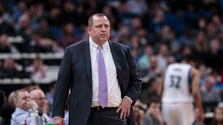 Mar 8, 2017; Minneapolis, MN, USA; Minnesota Timberwolves head coach Tom Thibodeau in the second quarter against the Los Angeles Clippers at Target Center. Mandatory Credit: Brad Rempel-USA TODAY Sports