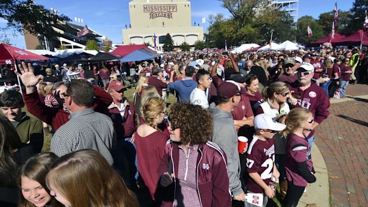 Nov 14, 2015; Starkville, MS, USA; Mississippi State Bulldogs fans fill the Junction before the game against the Alabama Crimson Tide at Davis Wade Stadium. Mandatory Credit: Matt Bush-USA TODAY Sports