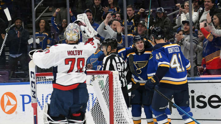 ST. LOUIS, MO. - JANUARY 03: Blues players celebrate after scoring in the first period during an NHL game between the Washington Capitals and the St. Louis Blues on January 03, 2019, at Enterprise Center, St. Louis, MO. (Photo by Keith Gillett/Icon Sportswire via Getty Images)
