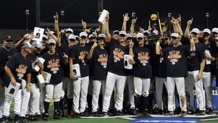 Jun 24, 2015; Omaha, NE, USA; The Virginia Cavaliers celebrate after defeating the Vanderbilt Commodores in game three of the College World Series Final at TD Ameritrade Park. Virginia defeated Vanderbilt 4-2 to win the College World Series. Mandatory Credit: Steven Branscombe-USA TODAY Sports