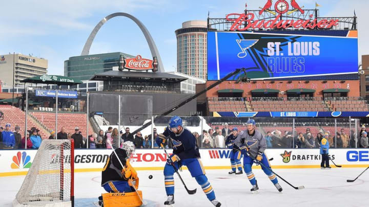 Jan 1, 2017; St. Louis, MO, USA; St. Louis Blues players during practice for the Winter Classic hockey game at Busch Stadium. Mandatory Credit: Jasen Vinlove-USA TODAY Sports