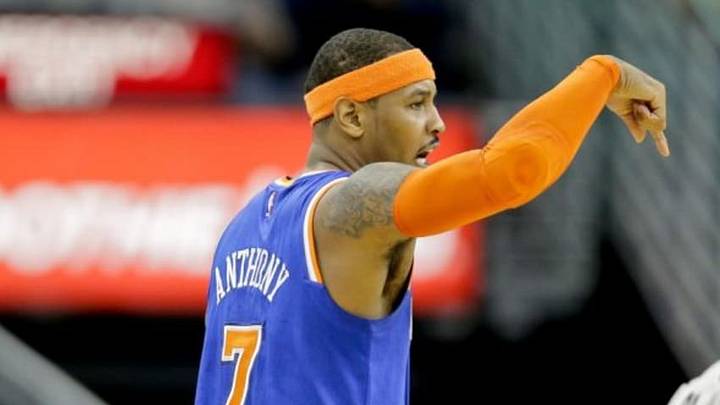 Dec 9, 2014; New Orleans, LA, USA; New York Knicks forward Carmelo Anthony (7) gestures from the court against the New Orleans Pelicans during the second quarter at the Smoothie King Center. The Pelicans won 104-93. Mandatory Credit: Derick E. Hingle-USA TODAY Sports