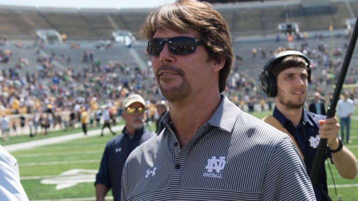 Apr 16, 2016; South Bend, IN, USA; Notre Dame Fighting Irish defensive coordinator Brian VanGorder leaves the field following the Blue-Gold Game at Notre Dame Stadium. The Blue team defeated the Gold team 17-7. Mandatory Credit: Matt Cashore-USA TODAY Sports