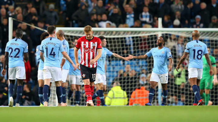 MANCHESTER, ENGLAND - NOVEMBER 04: Raheem Sterling of Manchester City celebrates with teammates after scoring his team's sixth goal during the Premier League match between Manchester City and Southampton FC at Etihad Stadium on November 4, 2018 in Manchester, United Kingdom. (Photo by Alex Livesey/Getty Images)