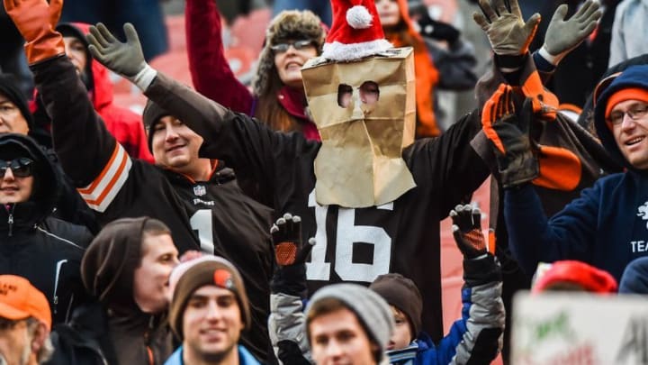 Dec 24, 2016; Cleveland, OH, USA; A bagged Cleveland Browns fan during the second half at FirstEnergy Stadium. The Browns won 20-17. Mandatory Credit: Ken Blaze-USA TODAY Sports