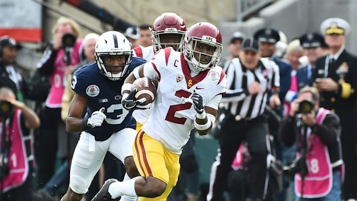Jan 2, 2017; Pasadena, CA, USA; USC Trojans defensive back Adoree' Jackson (2) runs against Penn State Nittany Lions wide receiver DeAndre Thompkins (3) in the first quarter of the 2017 Rose Bowl game at Rose Bowl. Mandatory Credit: Jayne Kamin-Oncea-USA TODAY Sports