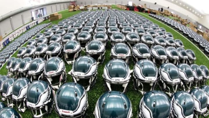 May 24, 2016; Philadelphia, PA, USA; Philadelphia Eagles helmets lined up on the indoor turf during OTA’s at the NovaCare Complex. Mandatory Credit: Bill Streicher-USA TODAY Sports