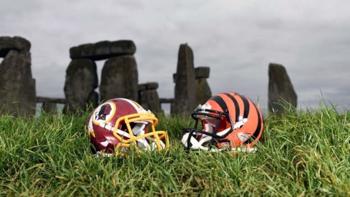 Oct 27, 2016; Wiltshire, United Kingdom; General view of Washington Redskins and Cincinnati Bengals helmetsl at Stonehenge in advance of game 17 of the NFL International Series between the Washington Redskins and the Cincinnati Bengals. Mandatory Credit: Kirby Lee-USA TODAY Sports