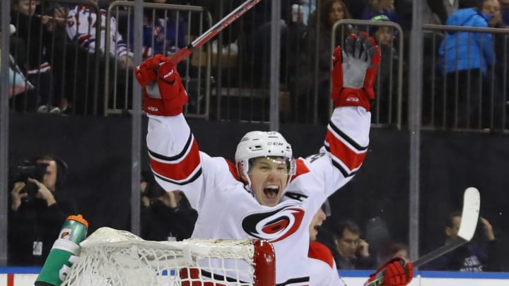 NEW YORK, NY – DECEMBER 03: Jeff Skinner #53 of the Carolina Hurricanes celebrates a goal by Victor Rask #49 (not shown) at 6:36 of the third period against Henrik Lundqvist #30 of the New York Rangers at Madison Square Garden on December 3, 2016 in New York City. The Rangers defeated the Hurricanes 4-2. (Photo by Bruce Bennett/Getty Images)