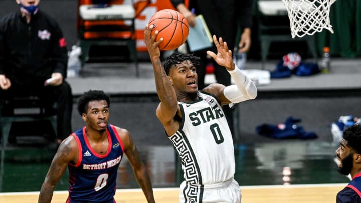 Michigan State’s Aaron Henry shoots against Detroit Mercy during the first half on Friday, Dec. 4, 2020, at the Breslin Center in East Lansing.