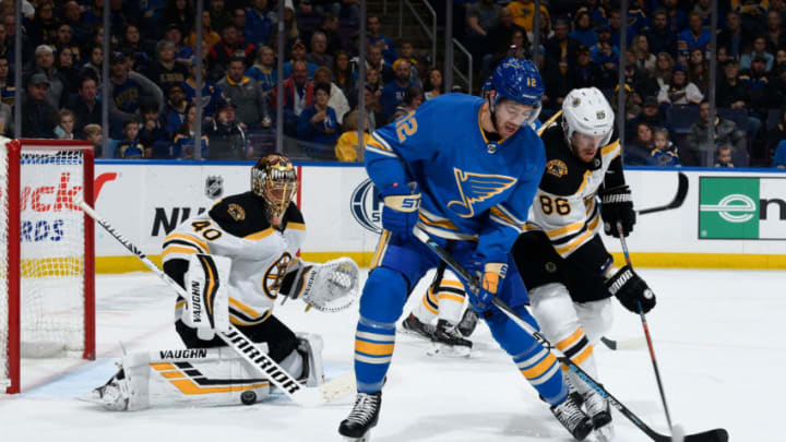 ST. LOUIS, MO - FEBRUARY 23: Tuukka Rask #40 of the Boston Bruins and Kevan Miller #86 of the Boston Bruins defend the net against Zach Sanford #12 of the St. Louis Blues at Enterprise Center on February 23, 2019 in St. Louis, Missouri. (Photo by Scott Rovak/NHLI via Getty Images)