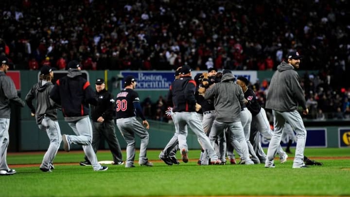 Oct 10, 2016; Boston, MA, USA; Cleveland Indians teammates celebrate after defeating the Boston Red Sox 4-3 in game three of the 2016 ALDS playoff baseball series at Fenway Park. Mandatory Credit: Bob DeChiara-USA TODAY Sports