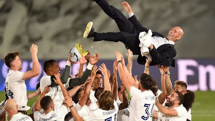 Real Madrid players celebrating their league title.