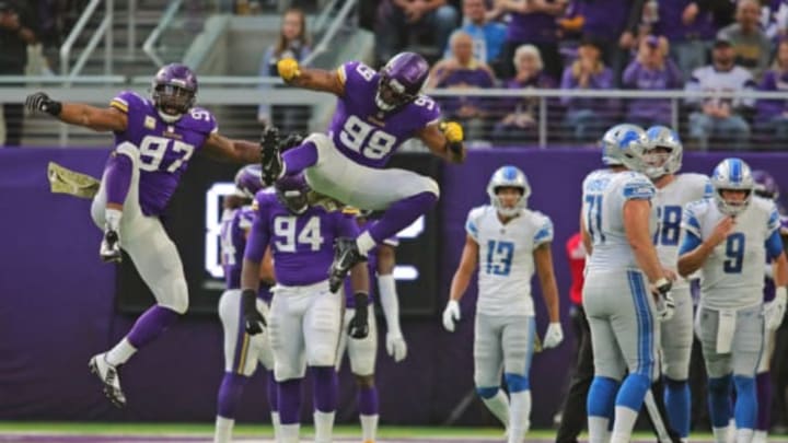 MINNEAPOLIS, MN - NOVEMBER 4: (L-R) Everson Griffen #97 and Danielle Hunter #99 of the Minnesota Vikings celebrate Hunters sack of Matthew Stafford #9 of the Detroit Lions in the first half at U.S. Bank Stadium on November 4, 2018 in Minneapolis, Minnesota. (Photo by Adam Bettcher/Getty Images)