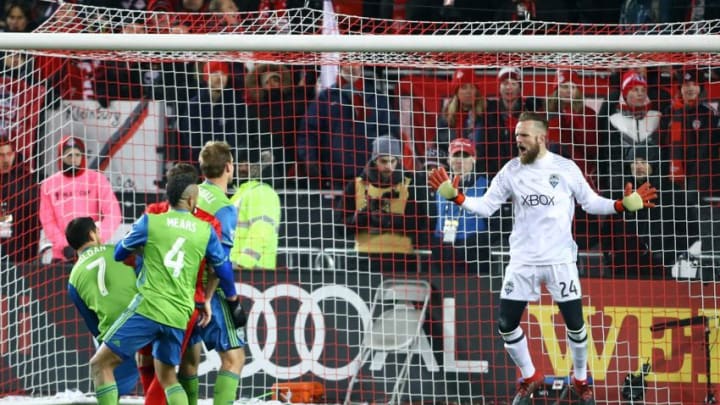 Dec 10, 2016; Toronto, Canada; Seattle Sounders goalkeeper Stefan Frei (24) reacts after a shot during the second half against Toronto FC in the 2016 MLS Cup at BMO Field. Mandatory Credit: Mark J. Rebilas-USA TODAY Sports