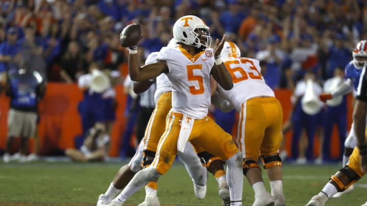 Sep 25, 2021; Gainesville, Florida, USA; Tennessee Volunteers quarterback Hendon Hooker (5) throws the ball against the Florida Gators during the third quarter at Ben Hill Griffin Stadium. Mandatory Credit: Kim Klement-USA TODAY Sports