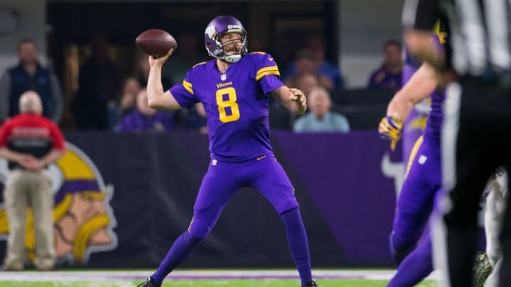 Dec 1, 2016; Minneapolis, MN, USA; Minnesota Vikings quarterback Sam Bradford (8) passes in the third quarter against the Dallas Cowboys at U.S. Bank Stadium. The Dallas Cowboys beat the Minnesota Vikings 17-15. Mandatory Credit: Brad Rempel-USA TODAY Sports