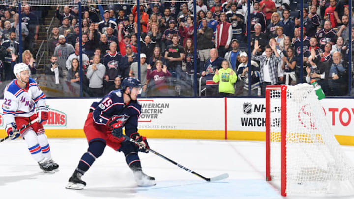 COLUMBUS, OH - OCTOBER 13: Lukas Sedlak #45 of the Columbus Blue Jackets scores an empty net goal during the third period of a game against the New York Rangers on October 13, 2017 at Nationwide Arena in Columbus, Ohio. (Photo by Jamie Sabau/NHLI via Getty Images)