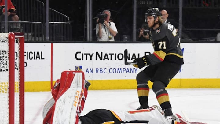 LAS VEGAS, NV – MARCH 18: William Karlsson #71 of the Vegas Golden Knights scores the first of his three goals in the second period against Mike Smith #41 of the Calgary Flames during their game at T-Mobile Arena on March 18, 2018, in Las Vegas, Nevada. (Photo by Ethan Miller/Getty Images)