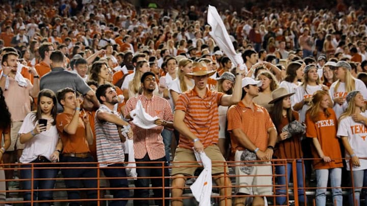 AUSTIN, TX - NOVEMBER 11: Texas Longhorns fans celebrate during the game against the Kansas Jayhawks at Darrell K Royal-Texas Memorial Stadium on November 11, 2017 in Austin, Texas. (Photo by Tim Warner/Getty Images)
