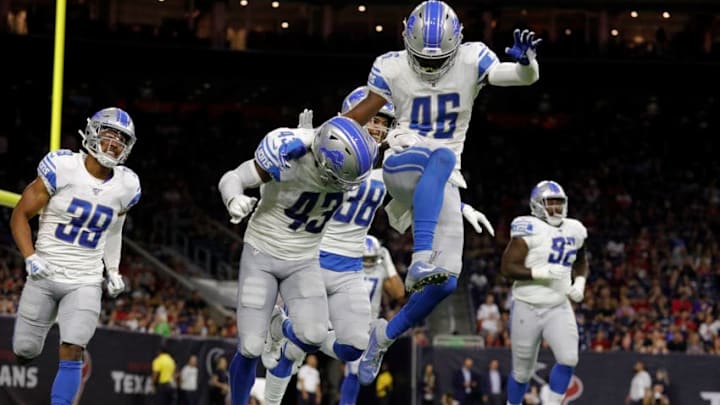 HOUSTON, TX - AUGUST 17: Amani Oruwariye #46 of the Detroit Lions congratulates Will Harris #43 after scoring a touchdown in the second quarter against the Houston Texans during the preseason game at NRG Stadium on August 17, 2019 in Houston, Texas. (Photo by Tim Warner/Getty Images) HOUSTON, TX - AUGUST 17: Amani Oruwariye #46 of the Detroit Lions congratulates Will Harris #43 after scoring a touchdown in the second quarter against the Houston Texans during the preseason game at NRG Stadium on August 17, 2019 in Houston, Texas. (Photo by Tim Warner/Getty Images)