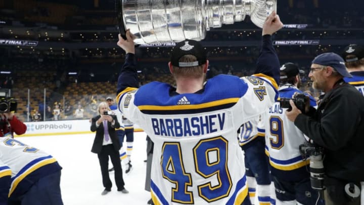 BOSTON, MA - JUNE 12: St. Louis Blues center Ivan Barbashev (49) holds the Cup after Game 7 of the Stanley Cup Final between the Boston Bruins and the St. Louis Blues on June 12, 2019, at TD Garden in Boston, Massachusetts. (Photo by Fred Kfoury III/Icon Sportswire via Getty Images)
