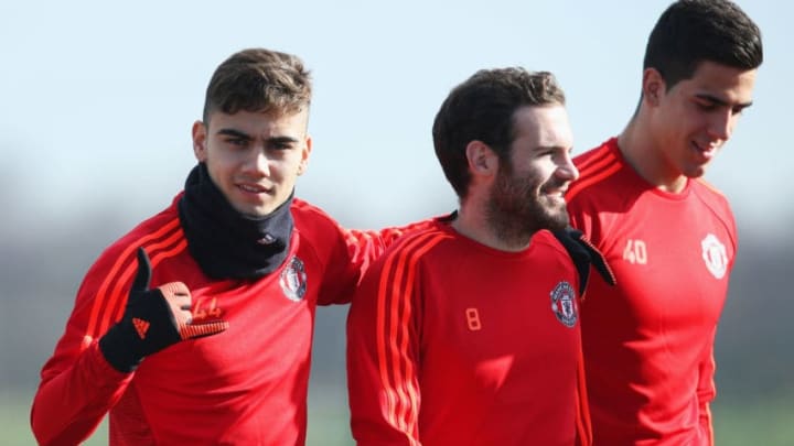 MANCHESTER, ENGLAND - FEBRUARY 24: (L-R) Andreas Pereira, Juan Mata and Joel Castro Pereira look on during a Manchester United training session ahead of their UEFA Europa League round of 32 second leg match against FC Midtjylland at the Aon Training Complex on February 24, 2016 in Manchester, United Kingdom. (Photo by Jan Kruger/Getty Images)