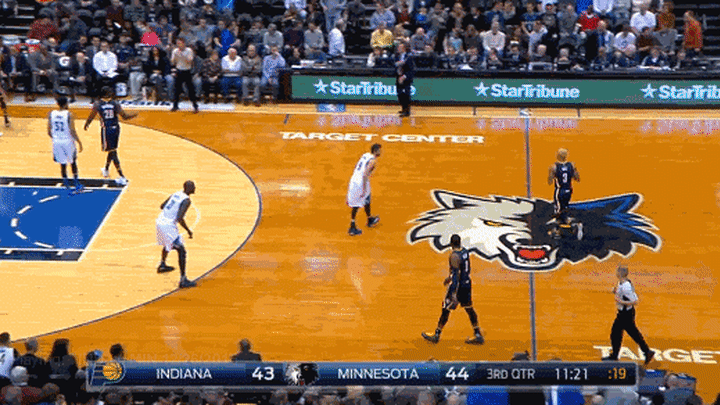 George Hill and Ian Mahinmi execute a pick and roll play against the Minnesota Timberwolves.
