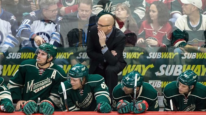 Jan 15, 2016; Saint Paul, MN, USA; Minnesota Wild head coach Mike Yeo looks on during the third period against the Winnipeg Jets at Xcel Energy Center. The Jets defeated the Wild 1-0. Mandatory Credit: Brace Hemmelgarn-USA TODAY Sports Jan 15, 2016; Saint Paul, MN, USA; Minnesota Wild head coach Mike Yeo looks on during the third period against the Winnipeg Jets at Xcel Energy Center. The Jets defeated the Wild 1-0. Mandatory Credit: Brace Hemmelgarn-USA TODAY Sports
