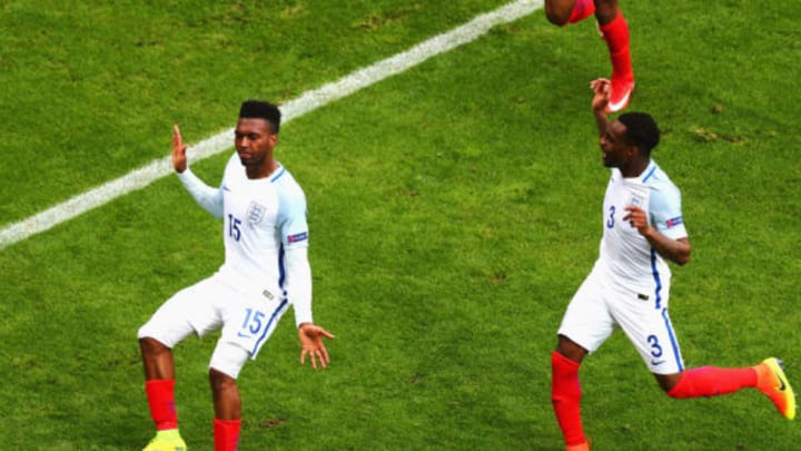 LENS, FRANCE – JUNE 16: Daniel Sturridge and Danny Rose of England celebrate England’s second goal during the UEFA EURO 2016 Group B match between England and Wales at Stade Bollaert-Delelis on June 16, 2016 in Lens, France. (Photo by Clive Rose/Getty Images)