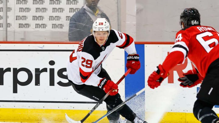 NEWARK, NJ - JULY 14: Lenni Hameenaho #29 of the New Jersey Devils skates during 2023 Development Camp on July 14, 2023 at the RWJBarnabas Health Hockey House in the Prudential Center in Newark, New Jersey. (Photo by Rich Graessle/Getty Images)