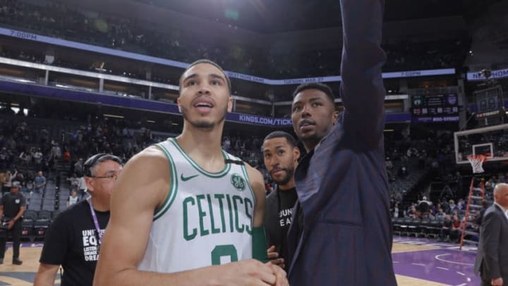 SACRAMENTO, CA - MARCH 25: Jayson Tatum #0 of the Boston Celtics talks with Harry Giles #20 of the Sacramento Kings after the game on March 25, 2018 at Golden 1 Center in Sacramento, California. NOTE TO USER: User expressly acknowledges and agrees that, by downloading and or using this photograph, User is consenting to the terms and conditions of the Getty Images Agreement. Mandatory Copyright Notice: Copyright 2018 NBAE (Photo by Rocky Widner/NBAE via Getty Images)