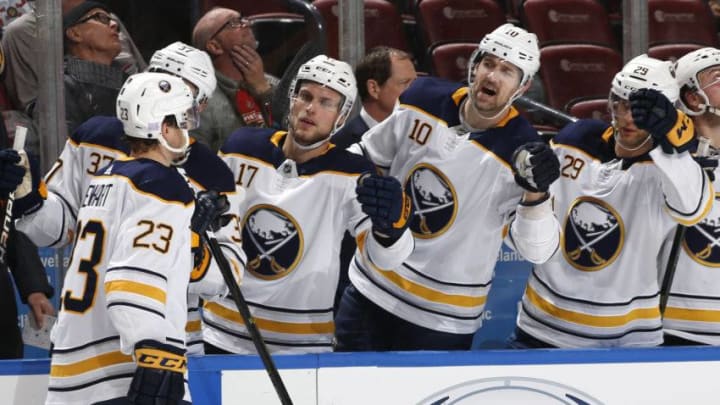 SUNRISE, FL - NOVEMBER 30: Teammates congratulate Sam Reinhart #23 of the Buffalo Sabres after he scored a second period goal against the Florida Panthers at the BB&T Center on November 30, 2018 in Sunrise, Florida. (Photo by Joel Auerbach/Getty Images)