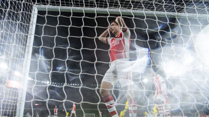 LONDON, ENGLAND - MARCH 16: Kieran Tierney of Arsenal looks dejected after Diogo Jota of Liverpool (not pictured) scores the first goal during the Premier League match between Arsenal and Liverpool at Emirates Stadium on March 16, 2022 in London, England. (Photo by Justin Setterfield/Getty Images)