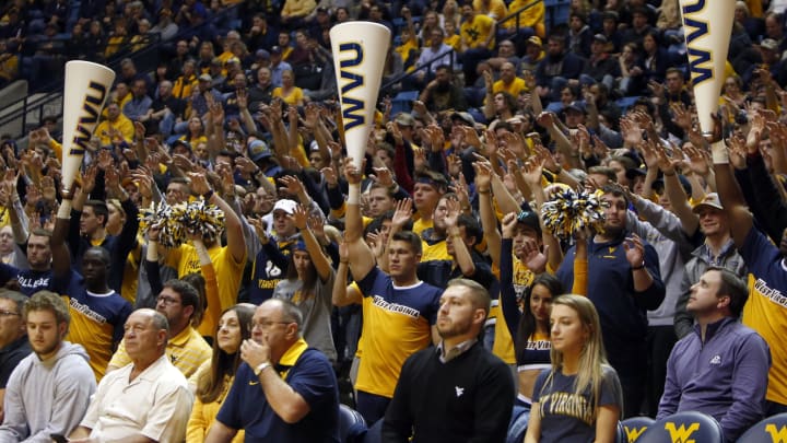 MORGANTOWN, WV – FEBRUARY 12: The West Virginia Mountaineers student section against the TCU Horned Frogs at the WVU Coliseum on February 12, 2018 in Morgantown, West Virginia. (Photo by Justin K. Aller/Getty Images)