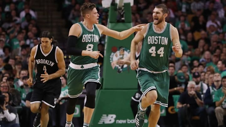 Oct 26, 2016; Boston, MA, USA; Boston Celtics center Tyler Zeller (44) reacts after a basket by forward Jonas Jerebko (8) against the Brooklyn Nets in the second half at TD Garden. The Celtics defeated the Brooklyn Nets 122-117. Mandatory Credit: David Butler II-USA TODAY Sports