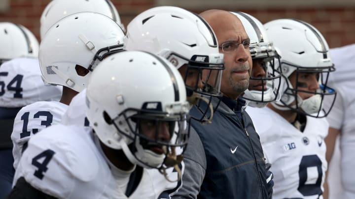 COLLEGE PARK, MD – NOVEMBER 25: Head coach James Franklin of the Penn State Nittany Lions takes the field with his team before the start of their game against the Maryland Terrapins at Capital One Field on November 25, 2017 in College Park, Maryland. (Photo by Rob Carr/Getty Images)