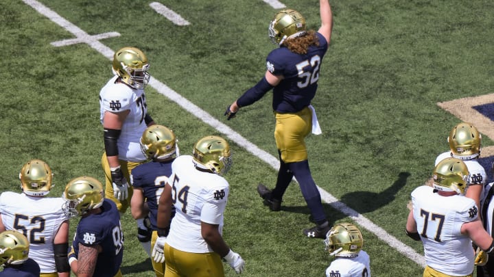 SOUTH BEND, INDIANA – MAY 01: Bo Bauer #52 of the Notre Dame Fighting Irish reacts after a play in the first half of the Blue-Gold Spring Game at Notre Dame Stadium on May 01, 2021, in South Bend, Indiana. (Photo by Quinn Harris/Getty Images)