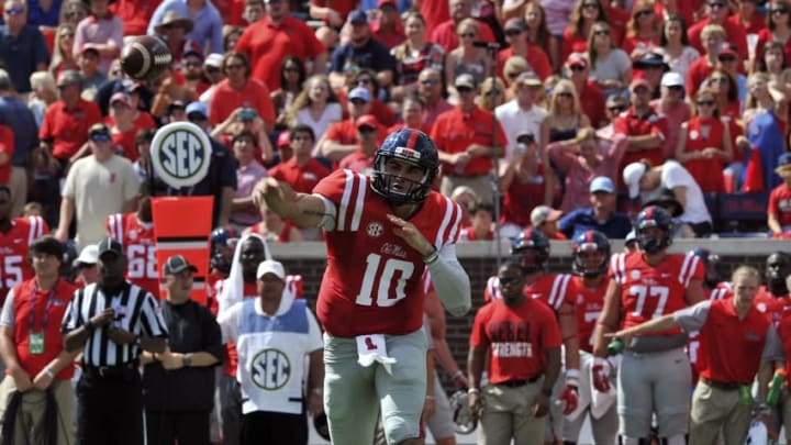 Sep 10, 2016; Oxford, MS, USA; Mississippi Rebels quarterback Chad Kelly (10) throws the ball during the first half against the Wofford Terriers at Vaught-Hemingway Stadium. Mandatory Credit: Justin Ford-USA TODAY Sports