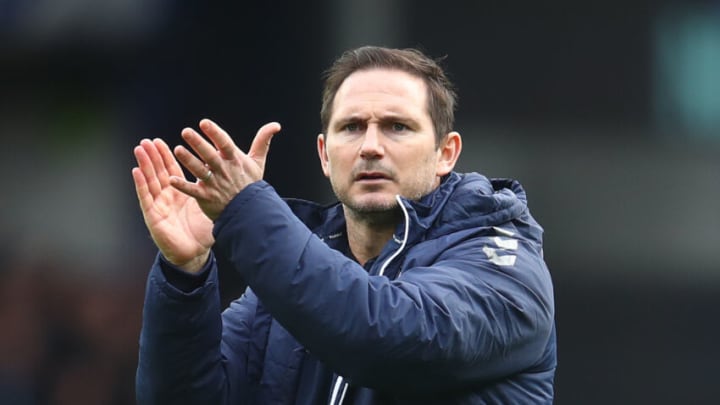 LIVERPOOL, ENGLAND - MARCH 13: Everton manager Frank Lampard applauds the supporters at full-time following the Premier League match between Everton and Wolverhampton Wanderers at Goodison Park on March 13, 2022 in Liverpool, England. (Photo by Chris Brunskill/Fantasista/Getty Images)