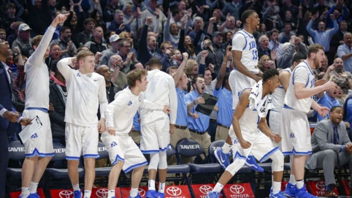CINCINNATI, OH - FEBRUARY 03: Members of the Xavier Musketeers celebrate after a four point play to tie the game against the Georgetown Hoyas at Cintas Center on February 3, 2018 in Cincinnati, Ohio. (Photo by Michael Hickey/Getty Images)