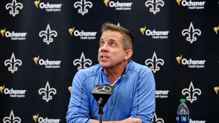 Jan 6, 2016; Metairie, LA, USA; Sean Payton talks to the media after announcing he will remain as the head coach for the New Orleans Saints during a press conference at the New Orleans Saints Training Facility. Mandatory Credit: Derick E. Hingle-USA TODAY Sports