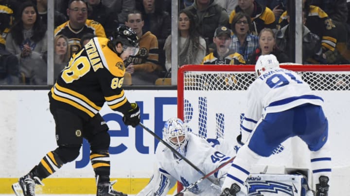 BOSTON, MA - NOVEMBER 10: David Pastrnak #88 of the Boston Bruins shoots against Garret Sparks #40 of the Toronto Maple Leafs at the TD Garden on November 10, 2018 in Boston, Massachusetts. (Photo by Brian Babineau/NHLI via Getty Images)
